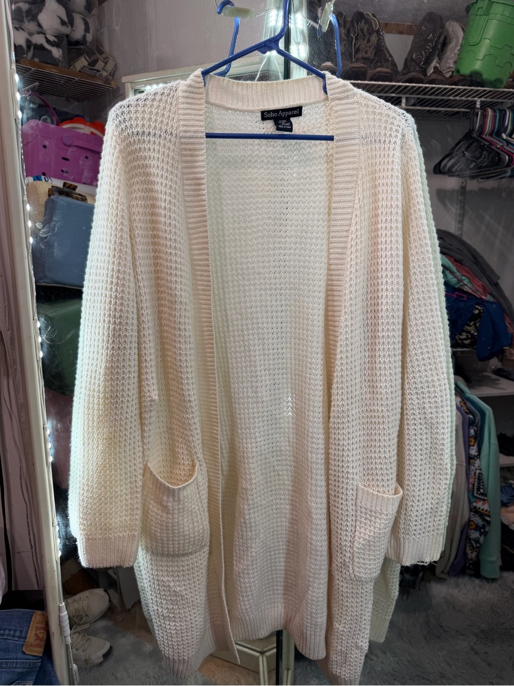 Soho Apparel Ivory Open-Front Waffle Knit Cardigan with Pockets